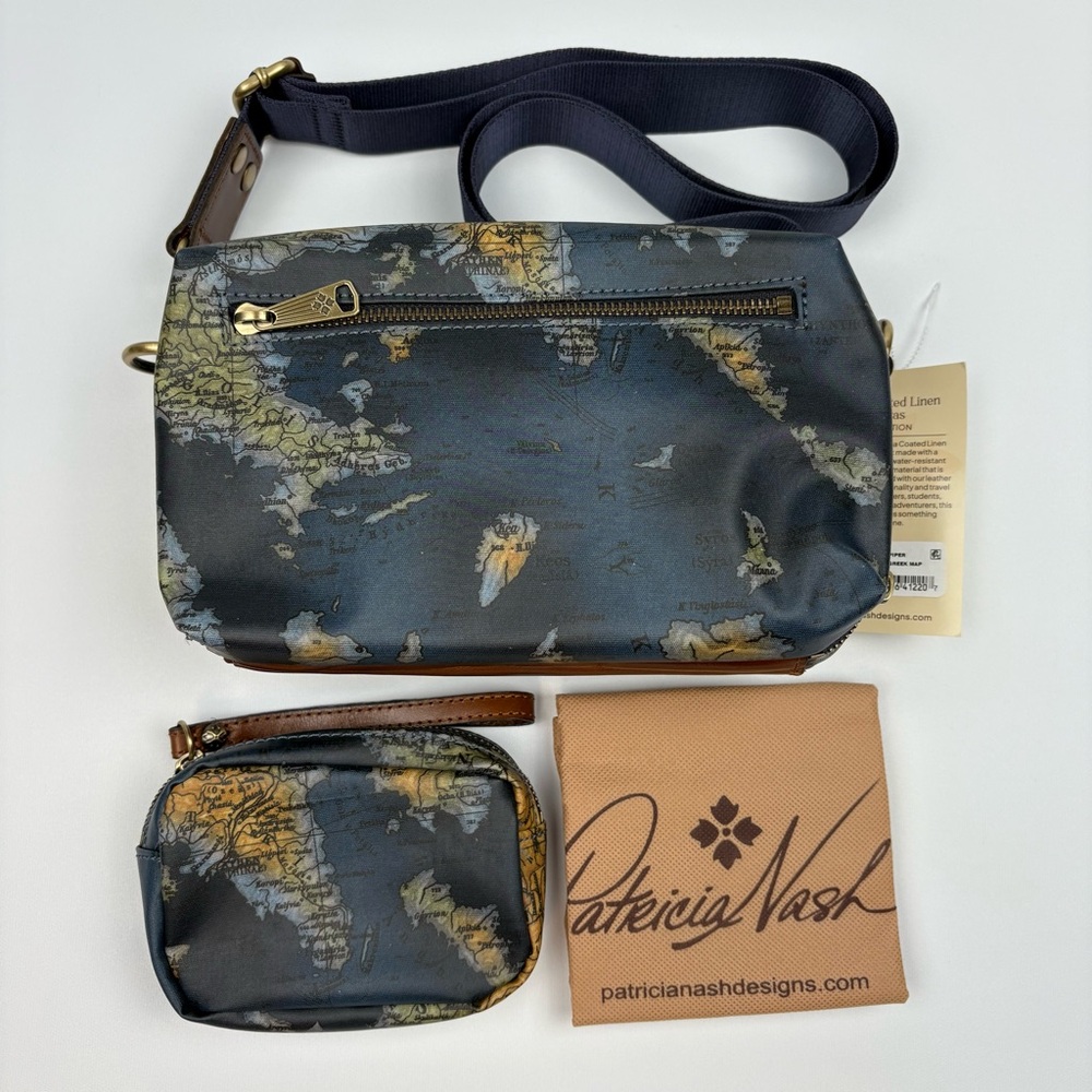 Patricia Nash Piper Coated Canvas Crossbody with Pouch - Greek Map-NWT